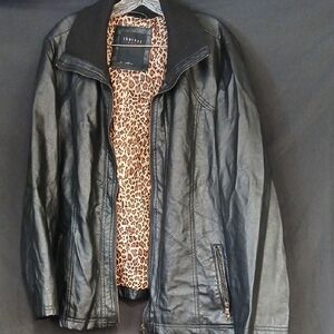 Therapy Black Faux Leather Bomber Jacket with Leopard Lining Sz 3x